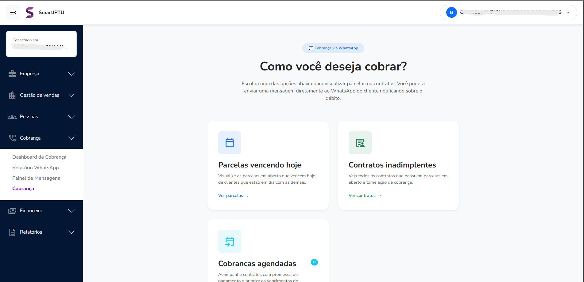 Tela de escolha do fluxo de cobrança no SmartIPTU