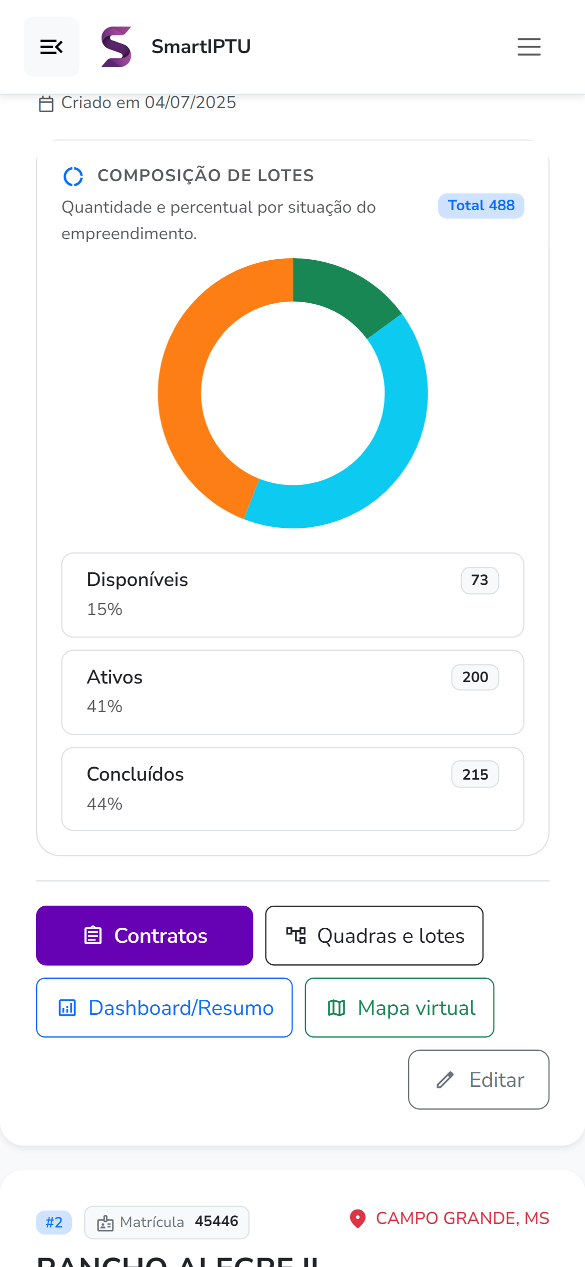Visualização responsiva da tela de empreendimentos no SmartIPTU